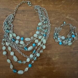 Lia Sophia turquoise and silver beaded necklace and bracelet set